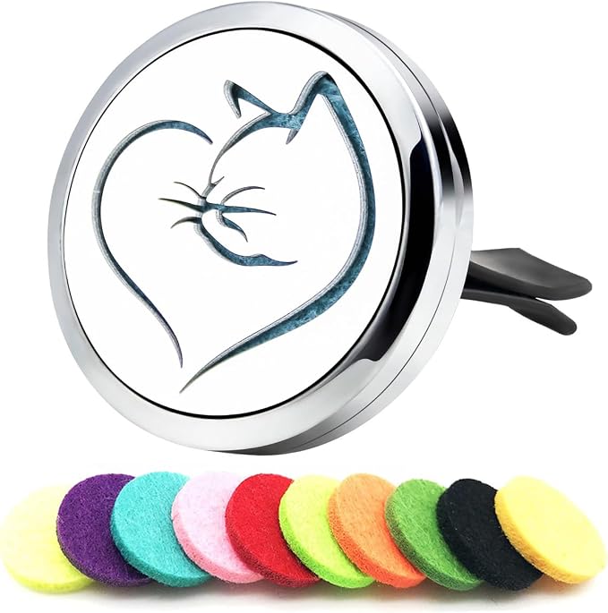 Essential Oil Car Diffuser Vent Clips (Oil Not Included) Stainless Steel Love Cat Car Accessories for Women with 10 Replacement Pads