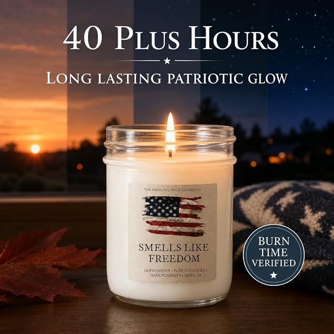 The Dancing Wick Smells Like Freedom Candle, 8oz, Handcrafted Soy Wax, Gunpowder, Vanilla, Musk Scent, Made The in USA - 4th of July Patriotic Gift Décor (Smells Like Freedom)