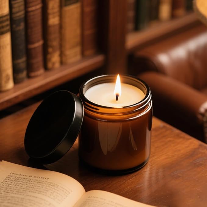 Amber Glass Jar with Lids, 8oz, 4oz, 2oz, and 1oz Glass Jars, Cosmetic Glass Round Jars with Sticker and 4p Spatulas, Reusable Travel Dark Glass Jars fit for Lotion/Creams/Cosmetic/Bulk candle - 4 Pcs