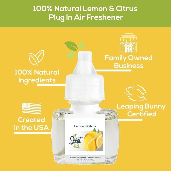 Scent Fill 100% Natural Lemon & Citrus Plug in Air Freshener, Scented Oil Refills, 3 Refills