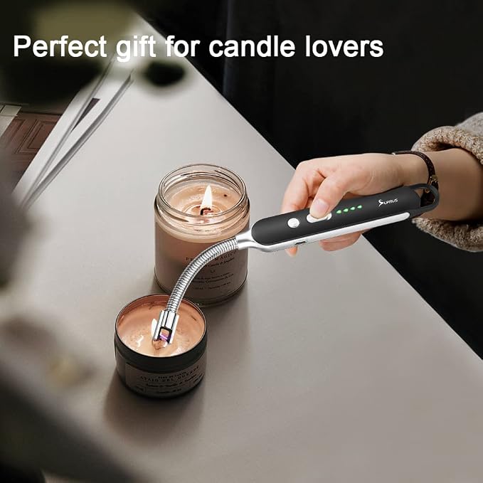 SUPRUS Electric Rechargeable Arc Lighter with LED Battery Display Long Flexible Neck USB Lighter for Candle Cooking (Black, 3Packs)