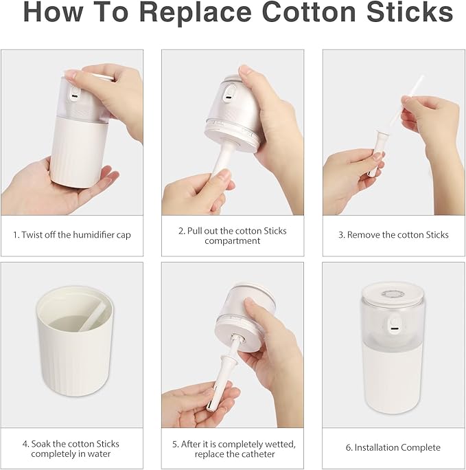Cotton Humidifier Filter Sticks (60PCS) - 0.3" Universal Fits Mini Diffusers, Rapid Absorption Replacement Wicks for Cool Mist USB Humidifiers in Home, Bedroom, Office (White, 0.3"×4")