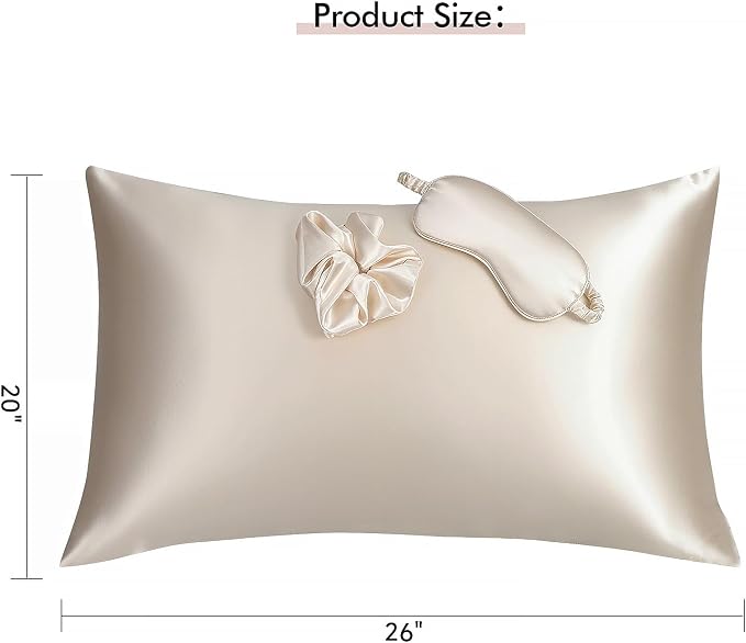 Vegan Silk Sleep Set – Satin Pillowcase, Eye Mask & Large Scrunchie for Hair and Skin – Frizz Free Beauty Sleep & Self Care Night Routine – Champagne