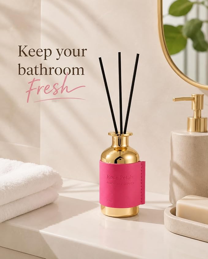 Reed Diffuser Set - Rose Petals, 2.7 fl oz (80 ml) Scented Oil Diffuser with Reed Sticks, Long Lasting Floral Home Fragrance for Bathroom Shelf Decor, Aromatherapy Gift for Women