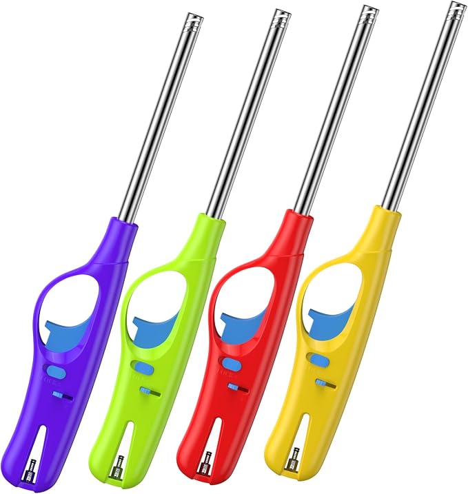 4 Packs Lighters, Candle Lighter Long Lighters, Soft Flame, Refillable Butane Lighter with Long Stems and Adjustable Flame for Camping Fireplace Party BBQ Grill Grill Kitchen (NOT PREFILLED)