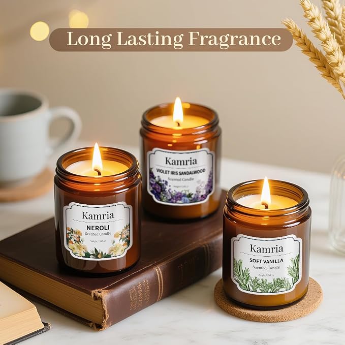 Violet Iris Sandalwood Candle, Elegant Floral Woody Aromatherapy in Amber Glass Jar, Natural Soy Wax for Home Decor, Relaxing Gift for Women, 7oz
