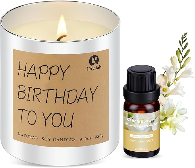 Birthday Candles Gifts for Women Men, Handmade Soy Scented Candle Aromatherapy Happy Birthday Gift for Mom, Dad, Sister, Teacher, Friends, Daughter Son, English Pear Freesia Candle, 9.9oz