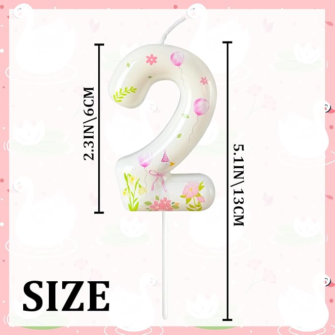 Number 2 Birthday Candle for Cake – Goose Inspired Design with Floral, Balloon & Leaf Details – Farm Theme Cake Topper for Birthday Party Decoration