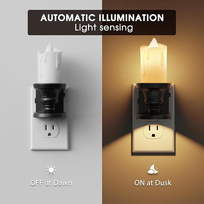 Flameless Candle Night Light, 3000K Warm White Candle Night Lights Plug into Wall, 2 Pack Nightlight with Light Sensor, 0-100LM Dimmable LED Night Light Plug in, Nightlight for Hallway Bathroom