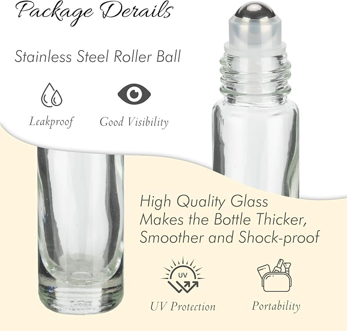 10ML Essential Oil Roller Bottles, 4 Pack Clear Gold Oil Roller Bottles for Essential Oils, Roll on Bottle with Stainless Steel Balls(4 Labels, Opener, Funnel, Dropper Included)