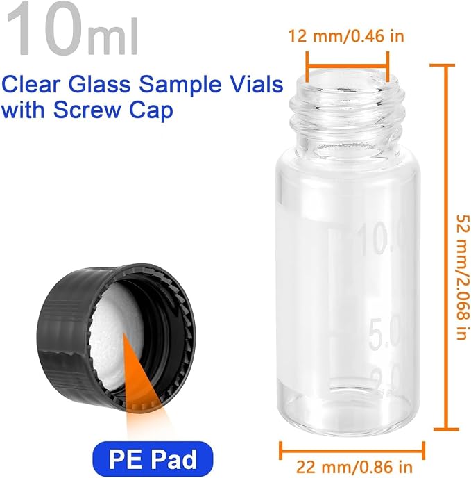 Kesell 50-Pack 10ml Clear Glass Vials - Borosilicate Glass, Graduated, with Labels -Small Sample Bottle for Oil - Portable Vials with Caps