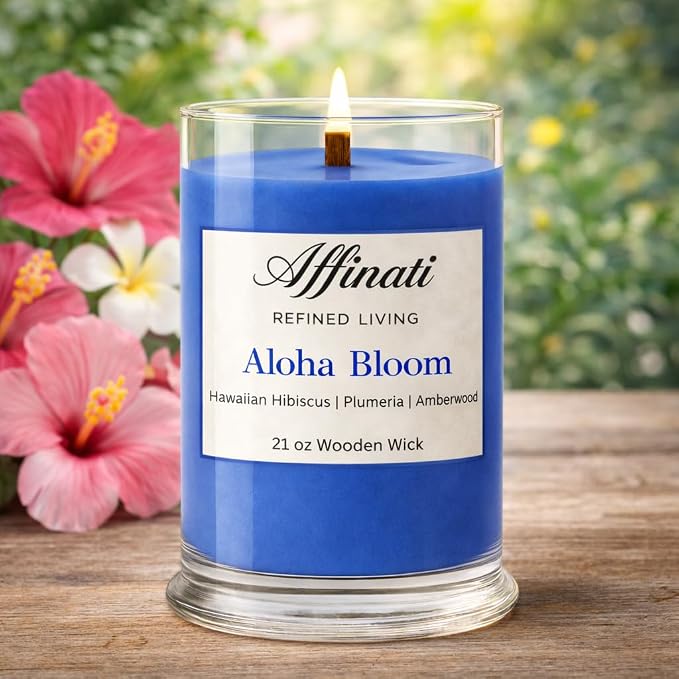 Affinati Aloha Bloom Large Scented Candle, 21 oz Wooden Wick Tumbler – Highly Fragrant Long Lasting Premium Sweet Floral Fragrance, Soy Blend