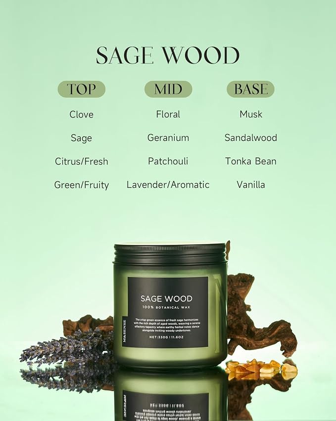 M&SENSE Sage Wood Scented Candle, 11.6oz 70 Hours All Natural Soy Wax Clean Non Toxic Slow Burning Candle for Relaxing & Stress Relief, 2 Wick Fragrance Gifts for Relaxation Home Cleasing