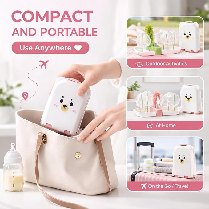 Travel Bottle Cleaner kit, 7in1 Baby Travel Gear Essential Silicone Travel Bottle Brush Set Nipple Drying Rack, Straw Breast Pump Cleaning Soap Dispenser Organizer Case Mon Gift (Pink)