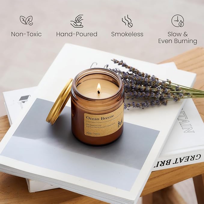 M&SENSE Oceanic Breeze Scented Small Candle, 7.5Oz Aromatherapy Candle for Home Fragrance, Soy Wax Candles Gift for Birthday, Housewarming, Amber Jar Candle for Stress Relief, Meditation, Yoga