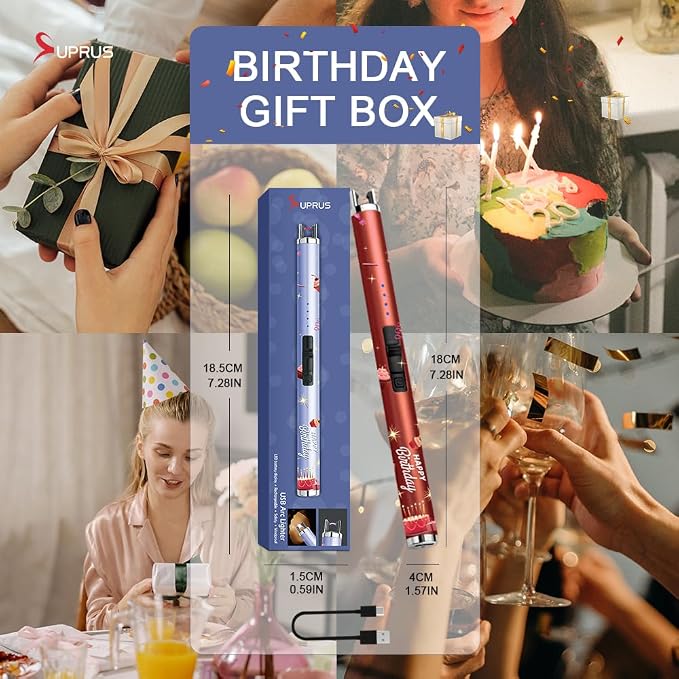 SUPRUS Candle Arc USB Lighter Electric Lighter with Upgraded LED Battery Display Safety Switch Rechargeable Flameless Plasma Windproof Portable for Birthday (Birthday Red)