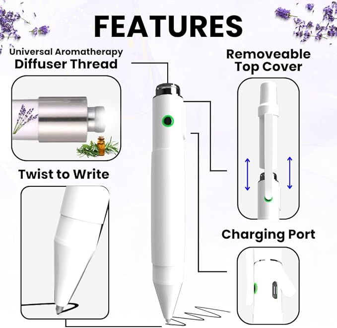 Aromatherapy Writing Pen Battery with Real Ink Tip and Hidden Diffuser Port, Soft Touch Ballpoint for Note Taking, Signature, and On-The-Go Relaxation, Rechargeable Wellness Gift for Office (Glow)