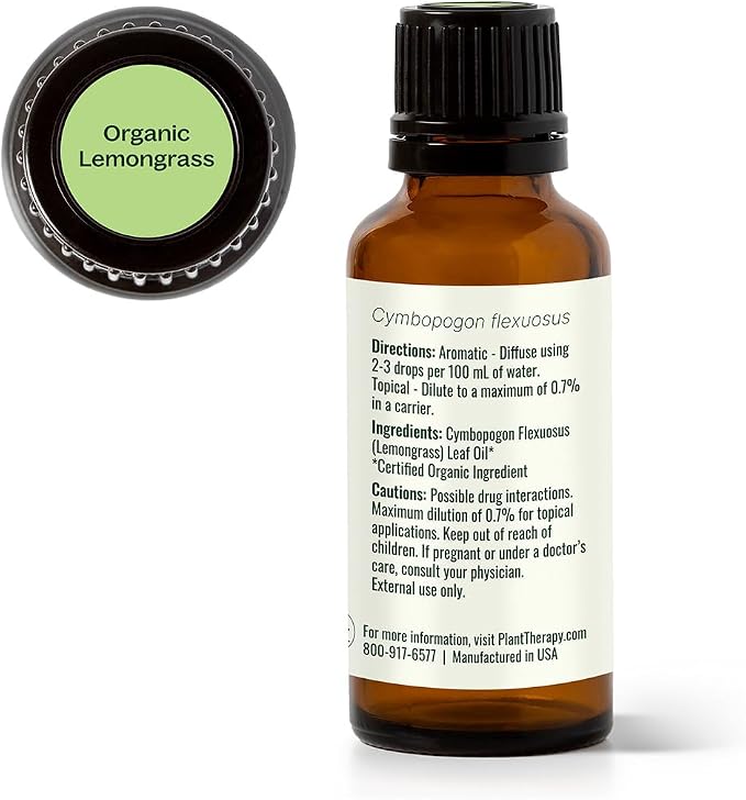 Plant Therapy Organic Lemongrass Essential Oil 30 mL (1 oz), 100% Pure, USDA Certified Organic, Undiluted, Aromatherapy, Deodorizing, and Immune Support