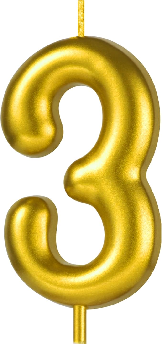 2.76“ Gold 3 Candle 3rd Birthday Party Decorations, Third Birthday Candle Gold Number Candles for Three Year Old Birthday Cake Decoration for Girls Boys, Number 3 Candle 3 Cake Topper for Cakes
