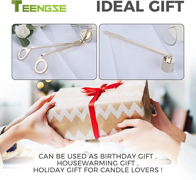 Gold Candle Snuffer and Wick Trimmer, Stainless Steel Polished Candle Accessory Set with Long Handle Candle Extinguisher for Candle Lover and Family That Likes to Use Candles