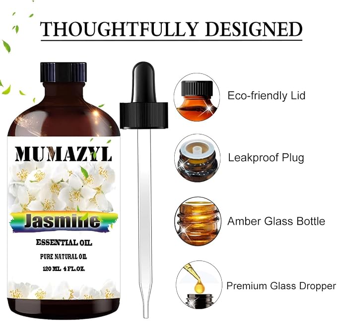 Jasmine Essential Oil, Jasmine Oil 4 Fl Oz 120ML for Diffuser Humidifier Yoga Cleaning DIY Candle Soap Making MUMAZYL Essential Oils