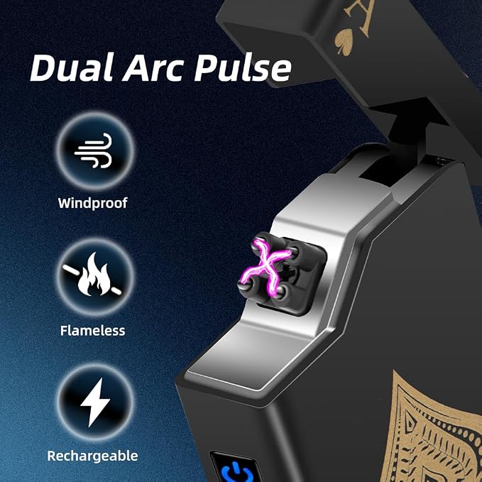 LcFun Electric Lighter Rechargeable USB, Dual Arc Plasma Lighter, Windproof Flameless Electronic Lighters, Pocket Metal Lighters with LED Battery Indication for Candles, Camping (Black Ace)
