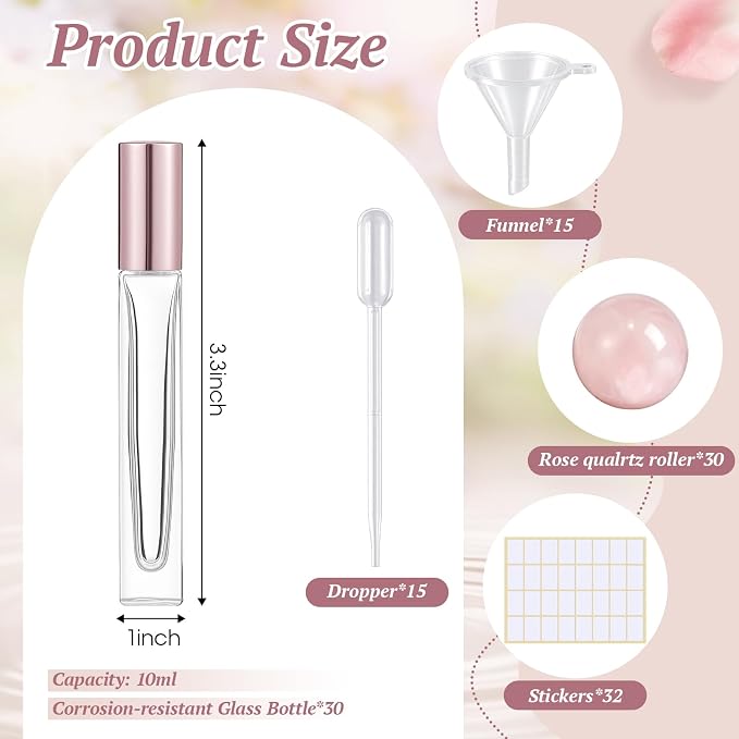 Domensi 30 Pack 10ml/0.34oz Rose Quartz Glass Roller Bottles for Essential Oil, Refillable Leak-proof Travel Perfume Roll on Bottles for DIY Aromatherapy, Skincare & Samples