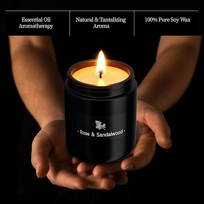 TranquilBliss Rose & Sandalwood Black Scented Candles for Men - 7.6oz Soy Wax Candle for Home Scented - Men Candle Gifts, Father's Day, Christmas Gift for Husband, Boyfriend, Father