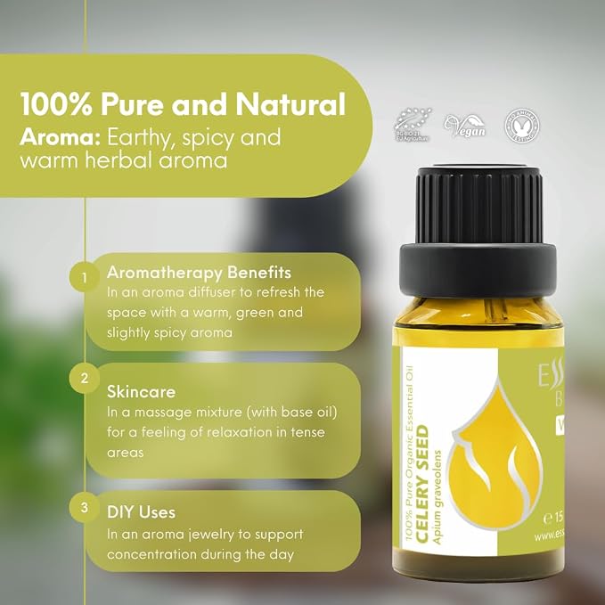 Essences Bulgaria Organic Celery Seed Essential Oil 0.51 Fl Oz | 15ml | Apium graveolens | 100% Pure | Natural | Undiluted | Therapeutic Grade | Aromatherapy | Cosmetics | Cruelty Free | Vegan