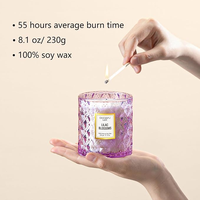Lilac Blossoms Scented Candle, Highly Floral Fragranced Candle, Natural Soy Wax Candle Gift, Candles Gifts for Women, 55 Hours Long Burning, Home Decorative, 8.1 oz