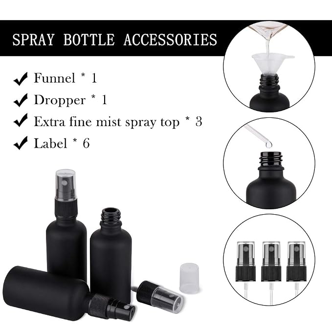 2oz Small Glass Essential Oils Spray Bottles, Fine Mist Frosted Black Spray Bottles (Set Of 3)