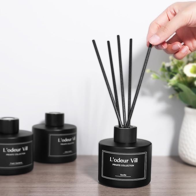 L'odeur Vill Reed Diffuser, 3.4oz(100ml) Vanilla Reed Diffuser Set with 6 Oil Diffuser Sticks, Matte Black Aroma Scent Diffuser, Long Lasting Home Fragrance for Bathroom Shelf Decor