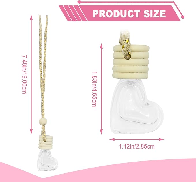 5 pcs Car Hanging Empty Glass Perfume Bottles Pendant Bottle, DIY Air Freshener Pendant, Empty Clear Glass Essential Diffuser Oil Aromatherapy, Glass Bottle Decor (Heart Shape)