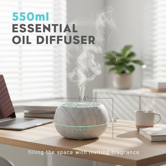 550ml Large Capacity Essential Oil Diffuser 6 Essentil Oil Set Aromatherapy Ultrasonic Air Humidifier with Timer and 7 Color LED Night Light Remote Control Waterless Auto-Off White Wood Grain