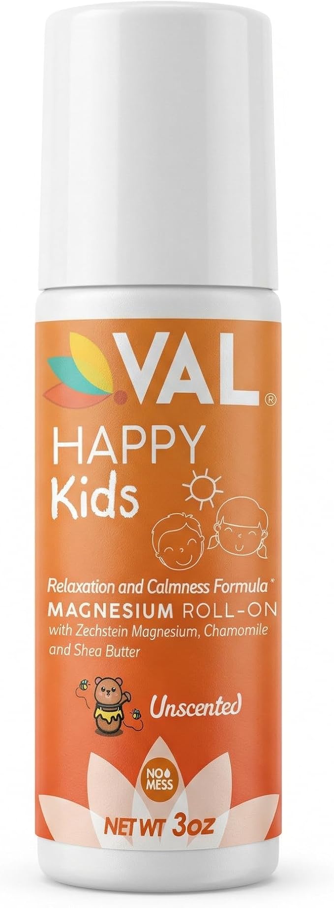 VAL Happy Kids Unscented Magnesium Roll-On, Relaxation & Calm Formula for Kids, Zechstein® Magnesium with Chamomile & Shea Butter, Fragrance-Free, 3 oz