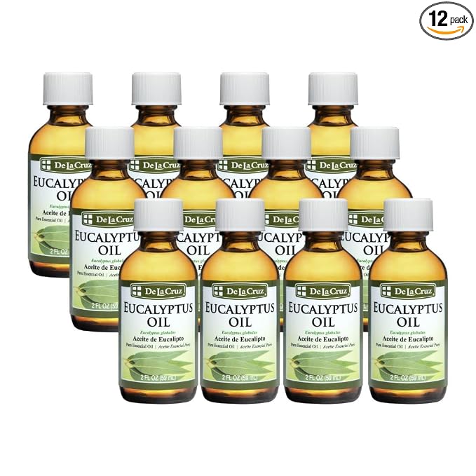 De La Cruz Eucalyptus Essential Oil, 100% Pure Steam Distilled Eucalyptus Globulus, Eucalyptus Oil, Eucalyptus Essential Oil for Diffuser, 2 FL OZ, Aromatherapy, Tree Oil (12 Bottles)