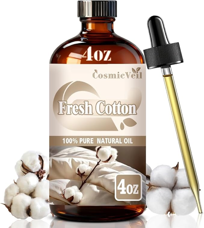 Fresh Cotton Essential Oil for Aroma Diffuser,Humidifier,Home Fragrance,Cleaning,Body Care,Massage,Yoga,DIY Candle,DIY Soap CosmicVeil（Fresh Cotton，4 Fl Oz (Pack of 1)）