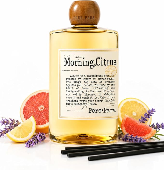 Morning Citrus Scent Reed Diffuser Refill Set 13.53 fl oz with 6 Sticks,【Wake Up Your Space】 Luxury Natural Long Lasting Home Fragrance Oil Air Freshener for Living Room and Kitchen