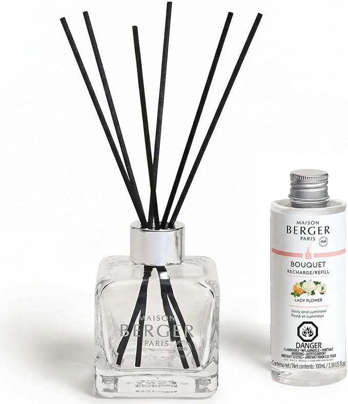 MAISON BERGER Reed Diffuser Bouquet, 100 ml, Lady Flower | Clear Glass Bottle, 8 Reed Sticks, 100 ml Refill, Up to 6-Week Passive Diffusion, No Flame, Made in France