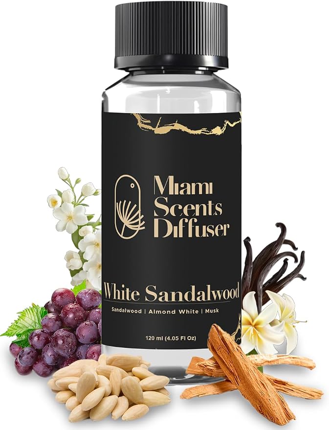 White Sandalwood Essential Oil Refill Luxury Hotel Inspired - Long Lasting Aroma for Home & Commercial Diffuser, 120 ml Fresh Blend of Musk and Almond White, Scent for Office Spa Wellness Aromatherapy