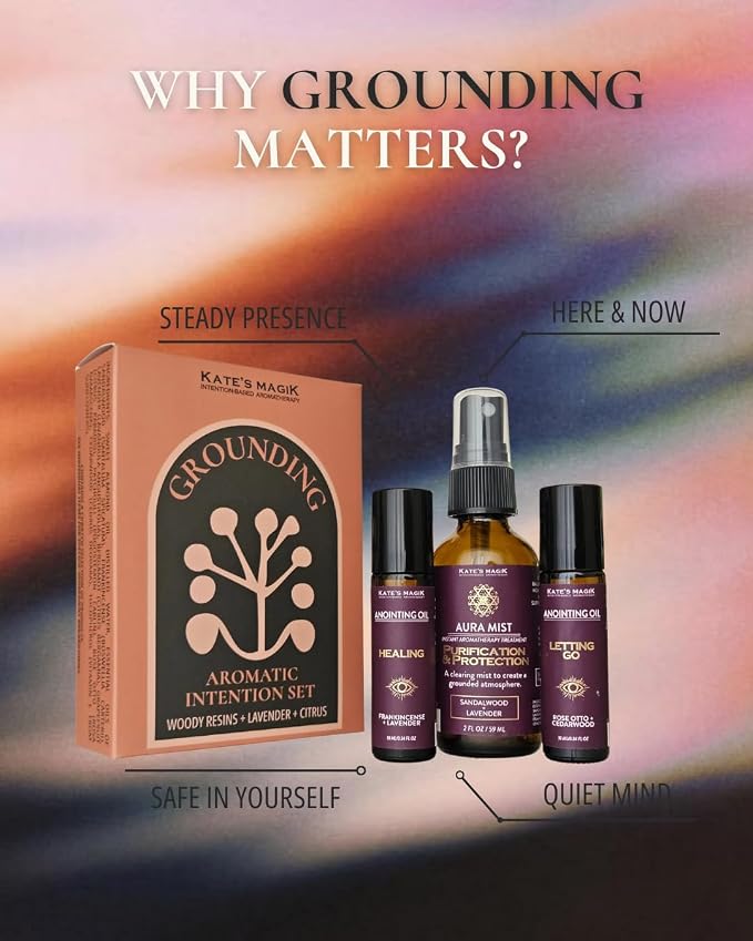 Kate’s Magik Grounding Aromatic Intention Set, Aura Mist and Anointing Oil Roll-Ons, Lavender, Frankincense & Cedarwood, Wearable Aromatherapy for Calm and Emotional Balance