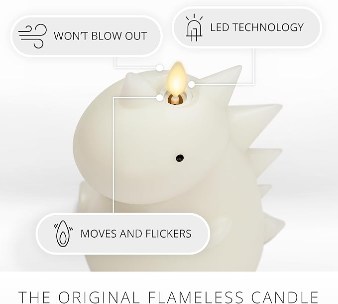 Luminara Flameless Dinosaur Figural Color Changing LED Candle, 5.7" x 6.7", Real Wax Moving Flame Battery Operated w/ 18 Button Remote, Unscented Safe