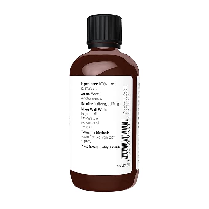 NOW Essential Oils, Rosemary Oil, Purifying Aromatherapy Scent, Steam Distilled, 100% Pure, Vegan, Child Resistant Cap, 4-Ounce