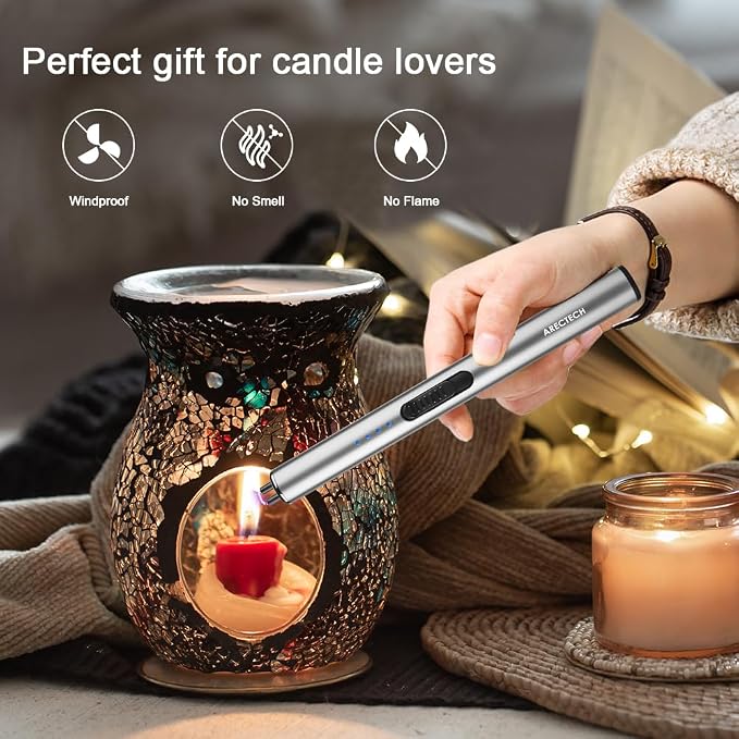 ARECTECH Electric Candle Rechargeable Lighter Arc Plasma Lighters for Candle Kitchen Camping Christmas Type-C Silver