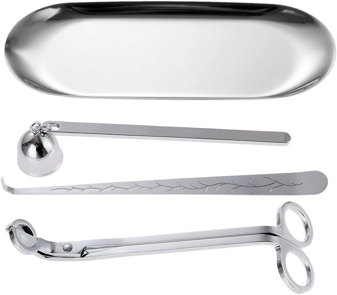 MUXSAM 4 in 1 Candle Accessory Set, Candle Wick Trimmer, Candle Snuffer, Wick Trimmer, Candle Wick Dipper, Storage Tray Plate, Candle Care Tools Gifts for Candle Lovers(Silver)
