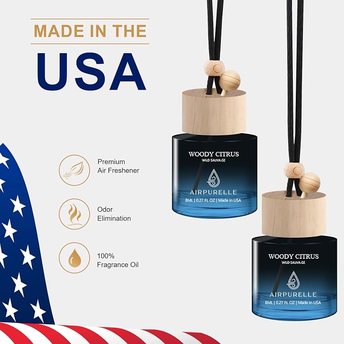 Car Air Fresheners (Woody Citrus) 2 Pack - Air Fresheners for Car Made in USA, Hanging Car Air Freshner with Anti-Leak Stick, Car Freshners Long Lasting (0.27 FL OZ x2)