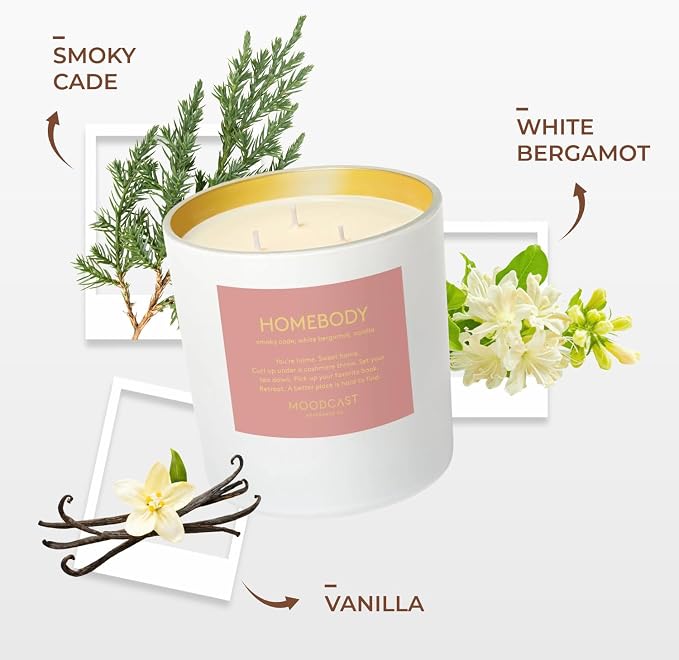 Moodcast Homebody 3 Wick Scented Candle - Large Aesthetic Candle for Home, Vanilla, White Bergamot & Smoky Cade, Clean Coco Wax Blend, Vegan, Paraben Free, 100-Hour Long Lasting Burn - 24oz