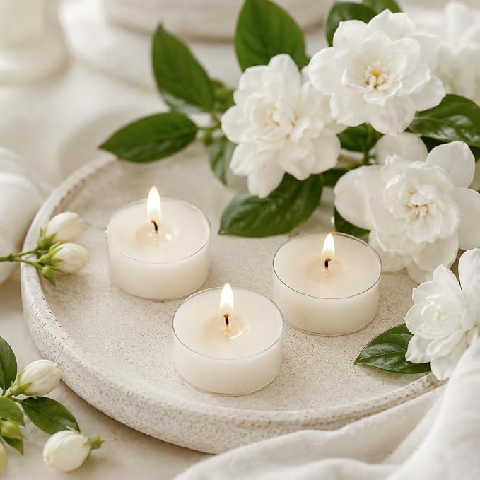Jasmine Scented Tealight Candles, White Scent Tea Lights Candles Clear Cup, 24 Pack Colored Tealights Candle, 6 Hour Burn Time Tea Candles for Party, Decor, Spa, Shabbat