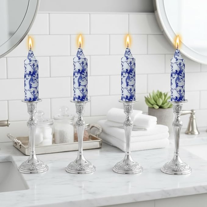 5 Inch Blue and White Tapered Candles Short Floral Candlesticks Hand Poured Unscented Smokeless Porcelain Candles for Dining Everyday Meals Family Dinner Elegance Blue White Porcelain Style