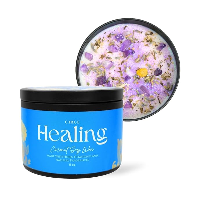 Circe Spell Candle “Healing” Coconut Soy Wax Candle Jar – Premium Hand Poured & Long Burning – Herbs, Crystals & Natural Fragrance Oils- Emotional & Physical Renewal - Calming, Self Care, Gift- 8oz